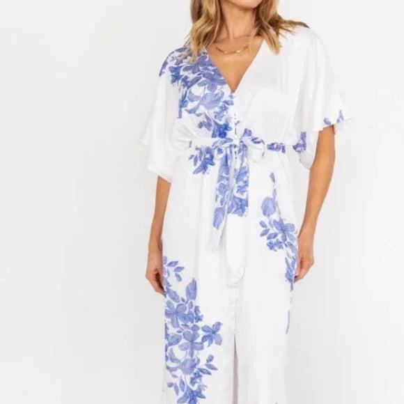 BALTIC BORN - FLORINA KIMONO MAXI DRESS - BLUE/WHITE - LARGE