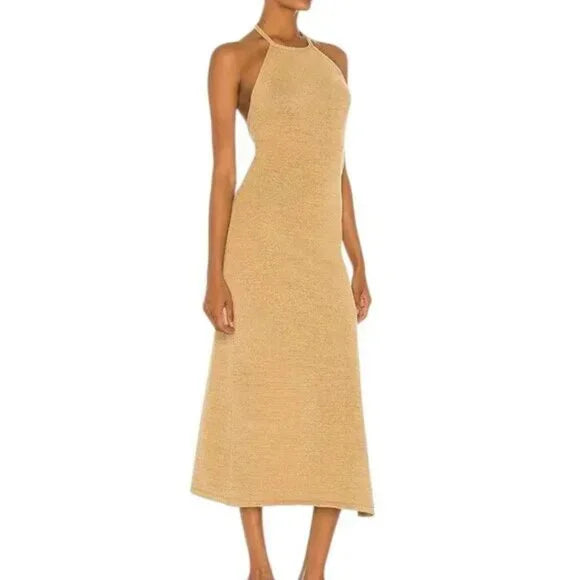 CULT GAIA KARINA HALTER KNIT MIDI DRESS WICKER TAN SLIT OPEN BACK - LARGE