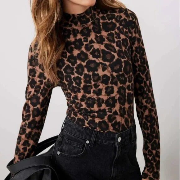 MINT VELVET - ANIMAL (LEOPARD) PRINT HIGHT NECK TOP - SMALL (US 4-6)