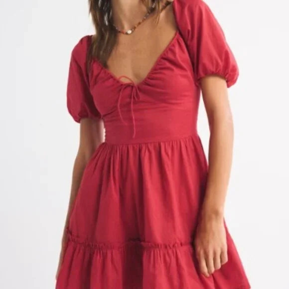 ABERCROMBIE & FITCH PUFF SLEEVE TIE-FRONT MINI DRESS IN RED - XS PETITE- NEW