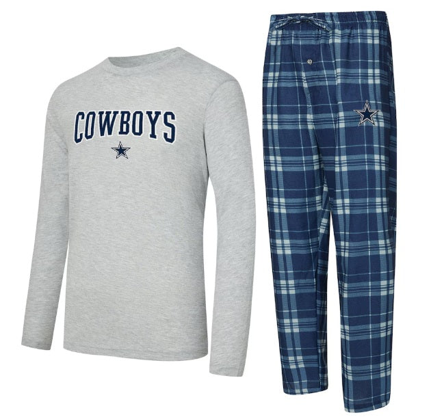 MEN'S NAVY/HEATHER GRAY DALLAS COWBOYS LONG SLEEVE T-SHIRT AND PLAID PANT LOUNGE SET - MEDIUM