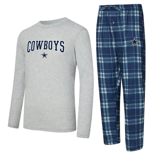 MEN'S NAVY/HEATHER GRAY DALLAS COWBOYS LONG SLEEVE T-SHIRT AND PLAID PANT LOUNGE SET - MEDIUM