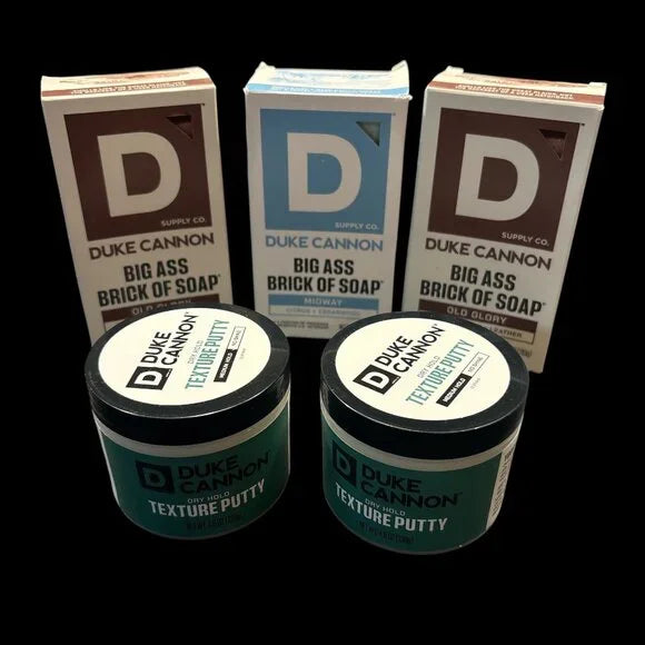 5  piece lot of Duke Cannon Grooming supplies - 3 soaps and 2 hair putty