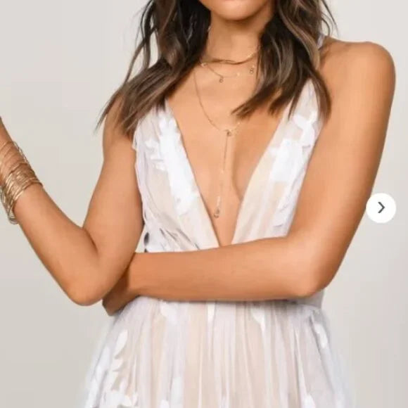 TOBI - ANALISE PLUNGING FLORAL MAXI DRESS - WHITE/NUDE - LARGE - NEW