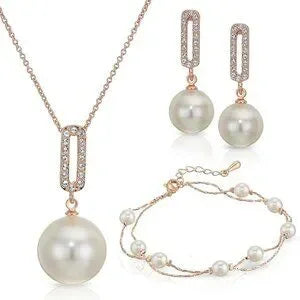 CRYSTAL  LINE AZURIA FAUX PEARLS WITH ROSE GOLD PLATED 3 PIECE JEWELRY SET