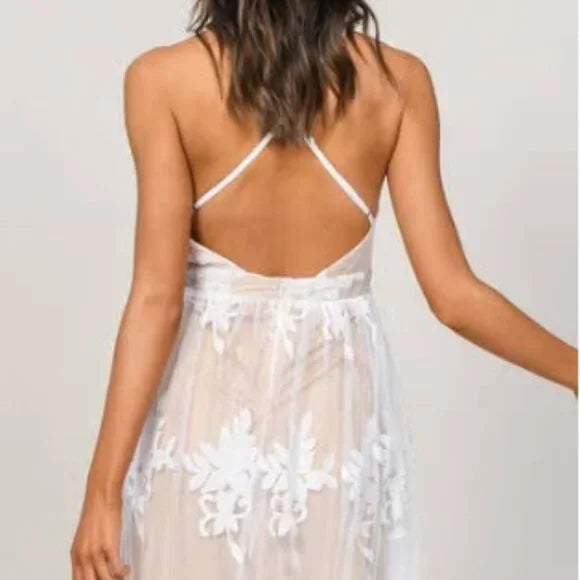 TOBI - ANALISE PLUNGING FLORAL MAXI DRESS - WHITE/NUDE - LARGE - NEW