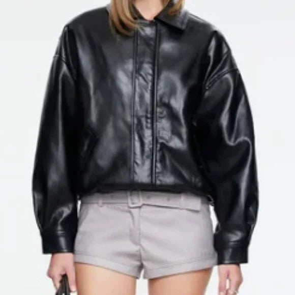 LIONESS - KENNY BOMBER JACKET - BLACK - SIZE 6 - FAUX LEATHERt - Black - Size 6 - Faux Leather -  NWT