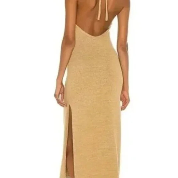 CULT GAIA KARINA HALTER KNIT MIDI DRESS WICKER TAN SLIT OPEN BACK - LARGE