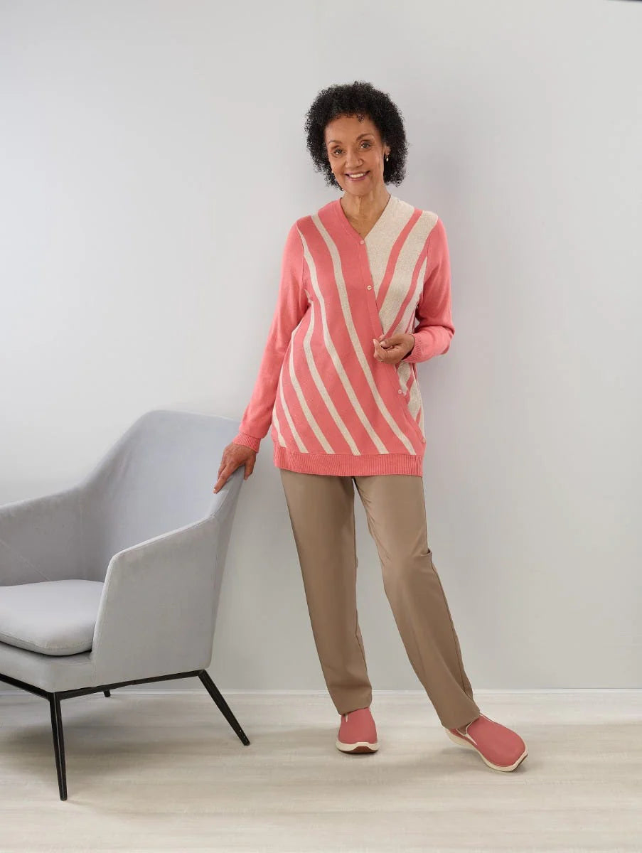 SILVERTS - WOMEN'S OPEN BACK STRIPE SWEATER - BEIGE & DUSTY PINK - MEDIUM