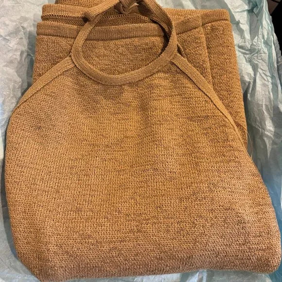 CULT GAIA KARINA HALTER KNIT MIDI DRESS WICKER TAN SLIT OPEN BACK - LARGE