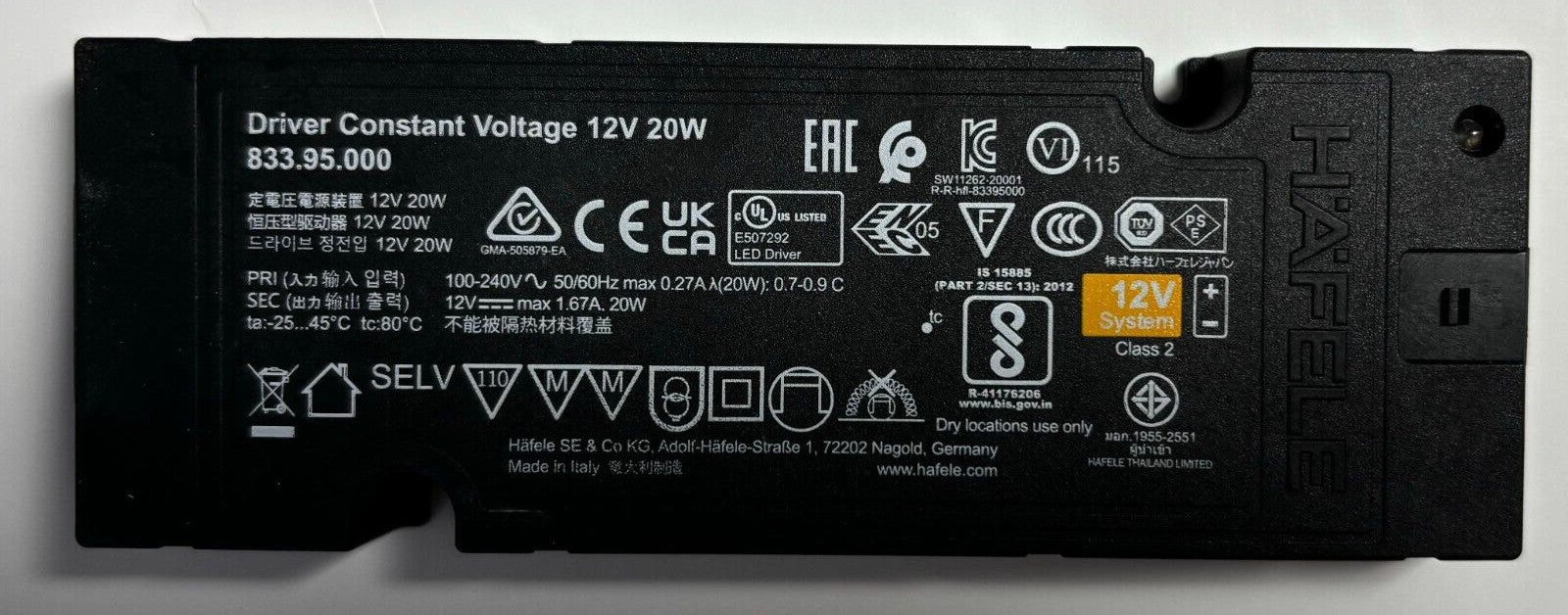 Hafele 833.95.000 Loox5 Range 12V LED Light Driver Constant Voltage