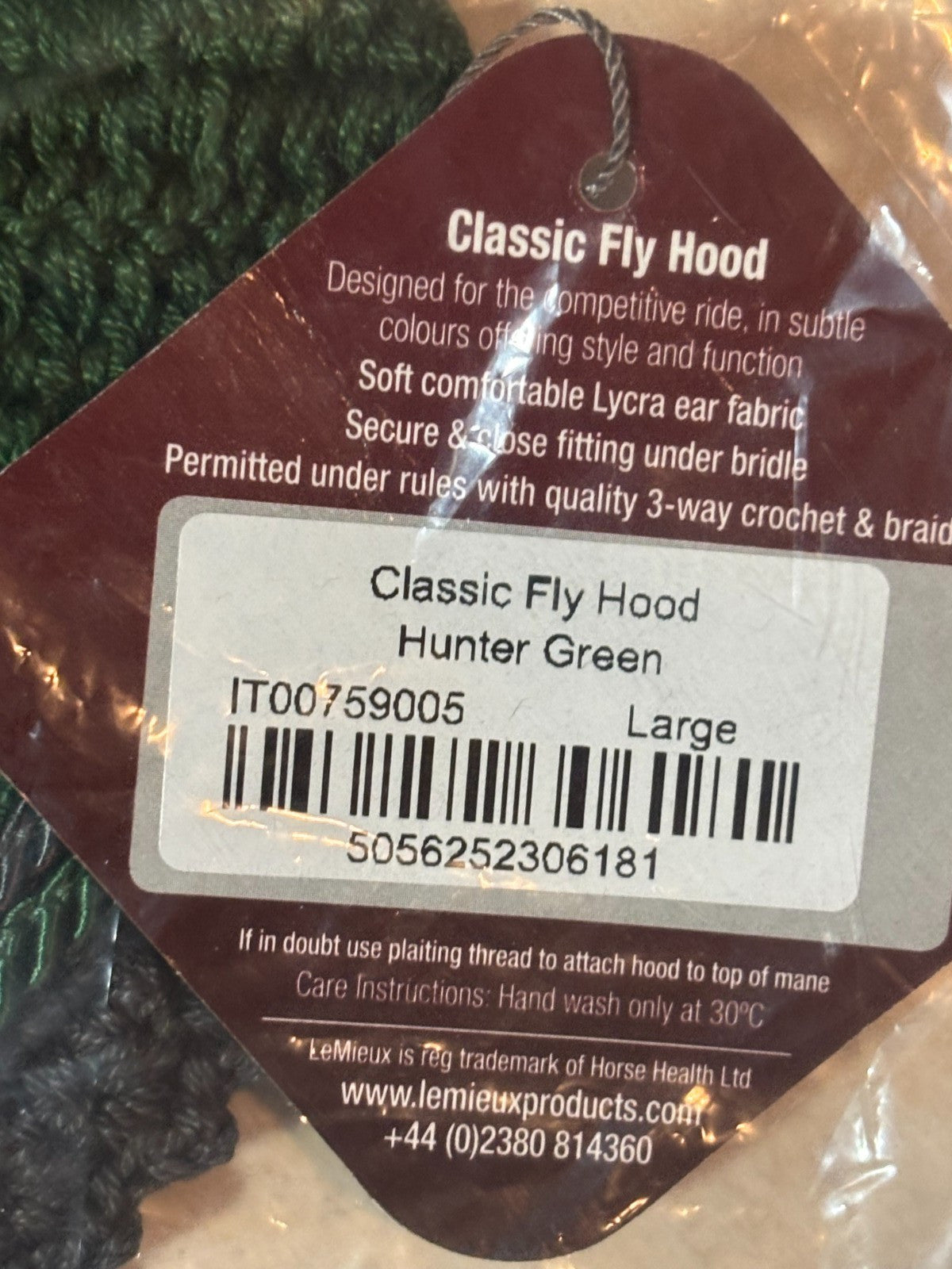 Horse Cap - LeMieux Classic Fly Hood - Hunter Green/Dark Grey LARGE - NWT