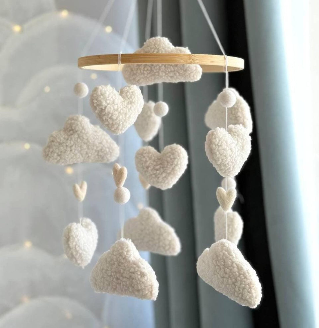 Handmade Felt Baby Crib Mobile - Boucle Clouds with Hearts -NEW