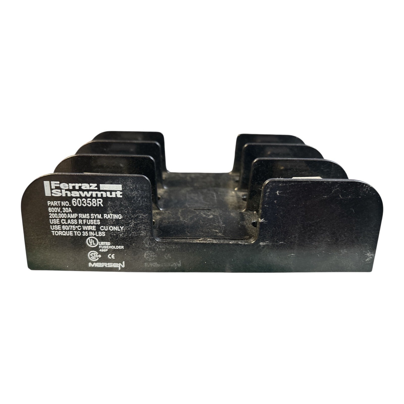 Mersen 60358R Fuse Block, 600 VAC/VDC, 30 A, Class R, 14 to 2 AWG Wire. 3 Poles