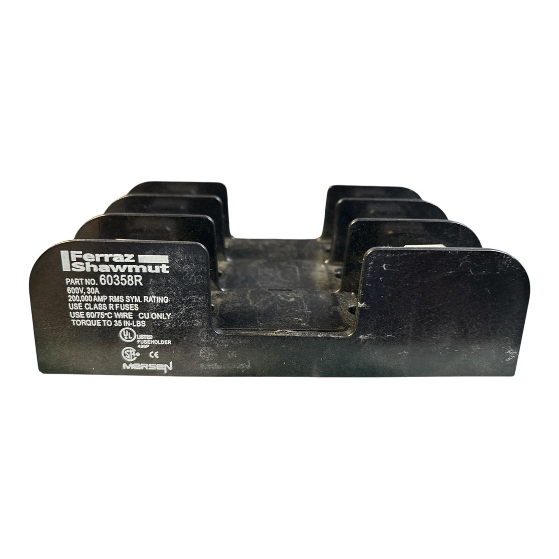 Mersen 60358R Fuse Block, 600 VAC/VDC, 30 A, Class R, 14 to 2 AWG Wire. 3 Poles