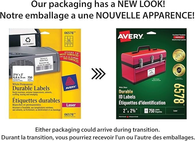 Avery Durable Labels 2-5/8 x 2 Multipurpose Multi Use Laser 750Pk 6578 NEW SEALE