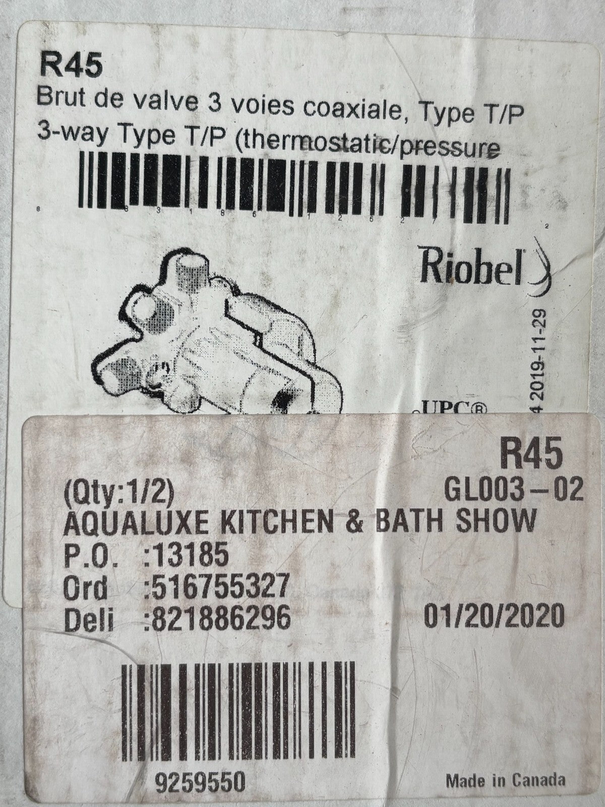 Riobel R45 3-Way Type T/P (Thermostatic/Pressure Balance) Coaxial Valve NEW