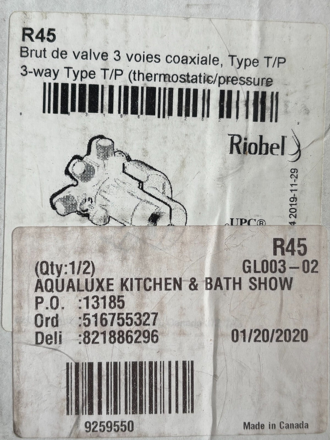 Riobel R45 3-Way Type T/P (Thermostatic/Pressure Balance) Coaxial Valve NEW