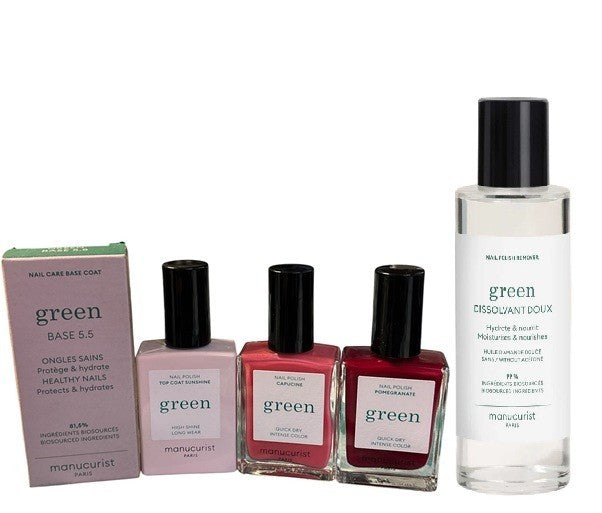 Manucurist Green (Vegan) 5 Piece - 2 Polish, Base Coat + High Shine Top, Remover