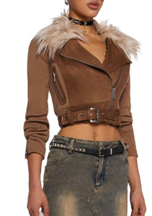 Dolls Kill Faux Fur Rib & Suede Moto Jacket - Large - NWT