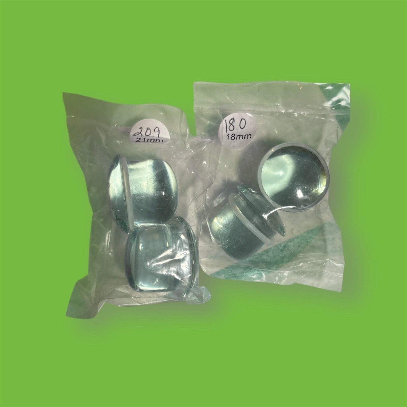 2 PAIR of Single Flare Glass Plugs - 18mm & 21mm sets - NEW