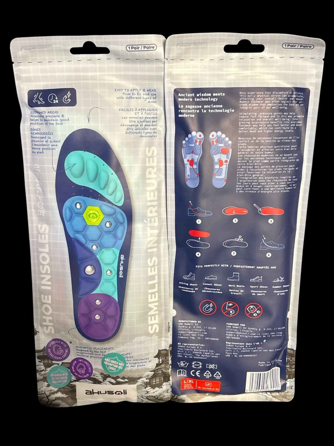 Akusoli Magnetic Shoe Insoles –L/XL USA: 10-14 - NEW