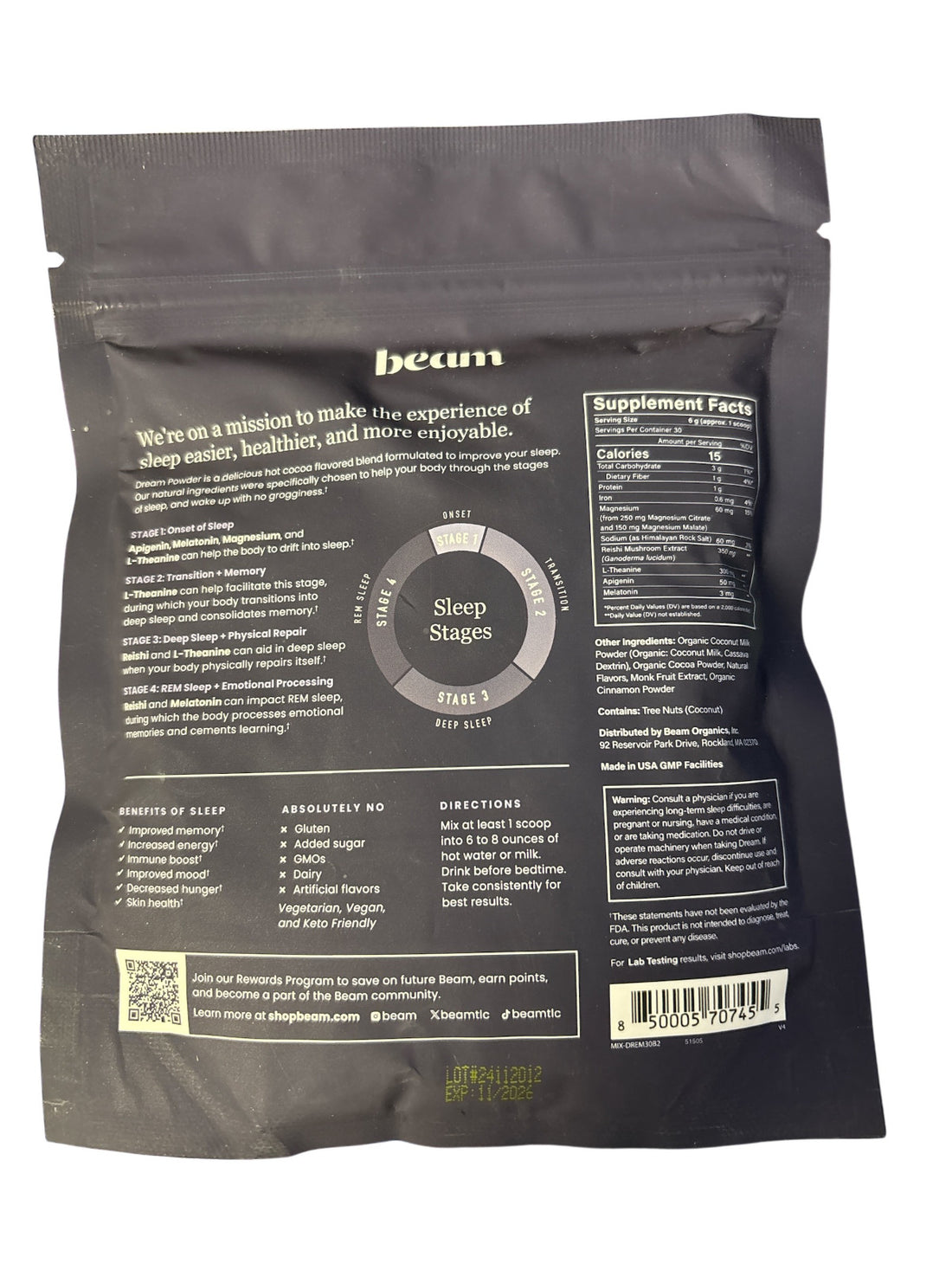 Beam Dream 30 Night Supply - Cinnamon Cocoa Flavored Dietary Supplement BB 11/26