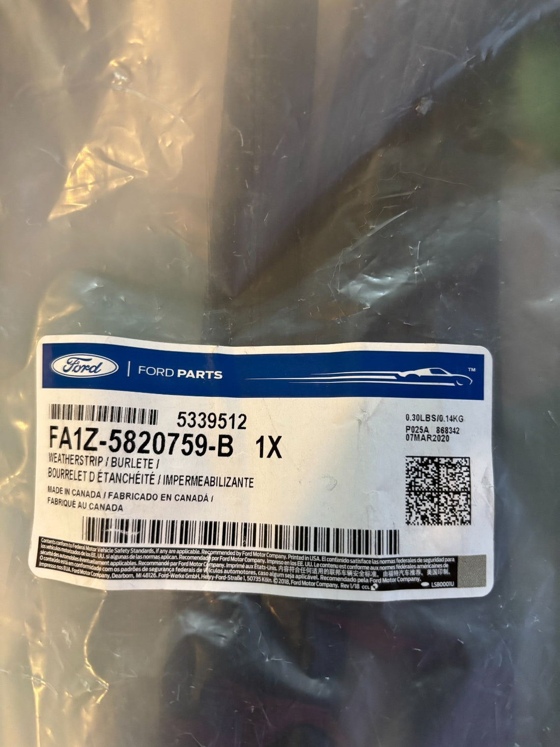 Ford Lower Weather-Strip FA1Z-5820758-B - OEM 5339512 - NEW