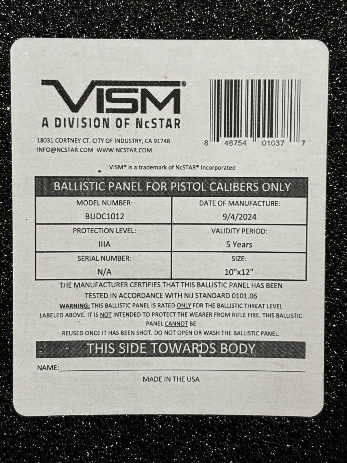 VISM NcStar Ballistic Panel PlateIIIA 10"x12" BUDC1012 MFG 9/4/2024 VALID 5 YEAR