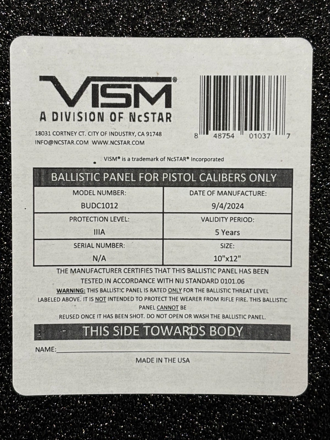 VISM NcStar Ballistic Panel PlateIIIA 10"x12" BUDC1012 MFG 9/4/2024 VALID 5 YEAR