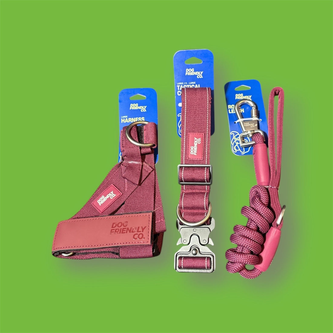 Dog Friendly Co. 3 piece set: Harness (L), Collar (L/XL) & Rope Leash 120cm NWT