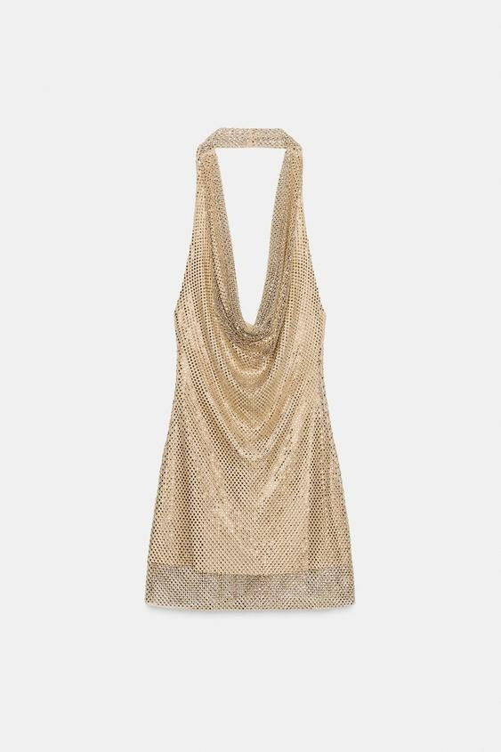 ZARA SHORT SPARKLY BACKLESS HALTER DRESS GOLDEN MEDIUM 4772/272/303 - NEW