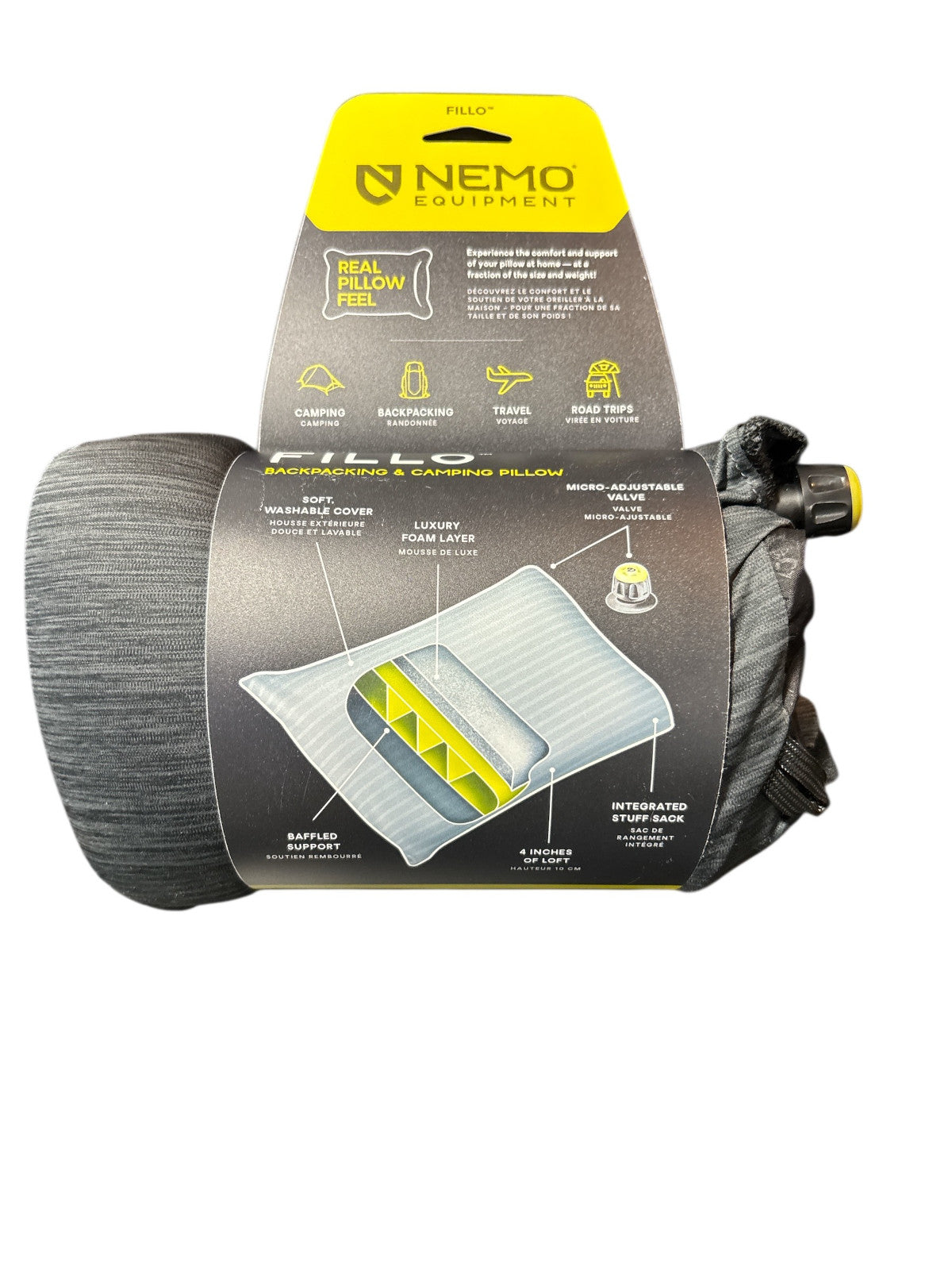 NEMO Equipment Fillo Backpacking & Camping Pillow - Black Pearl/Birch Bud - NEW