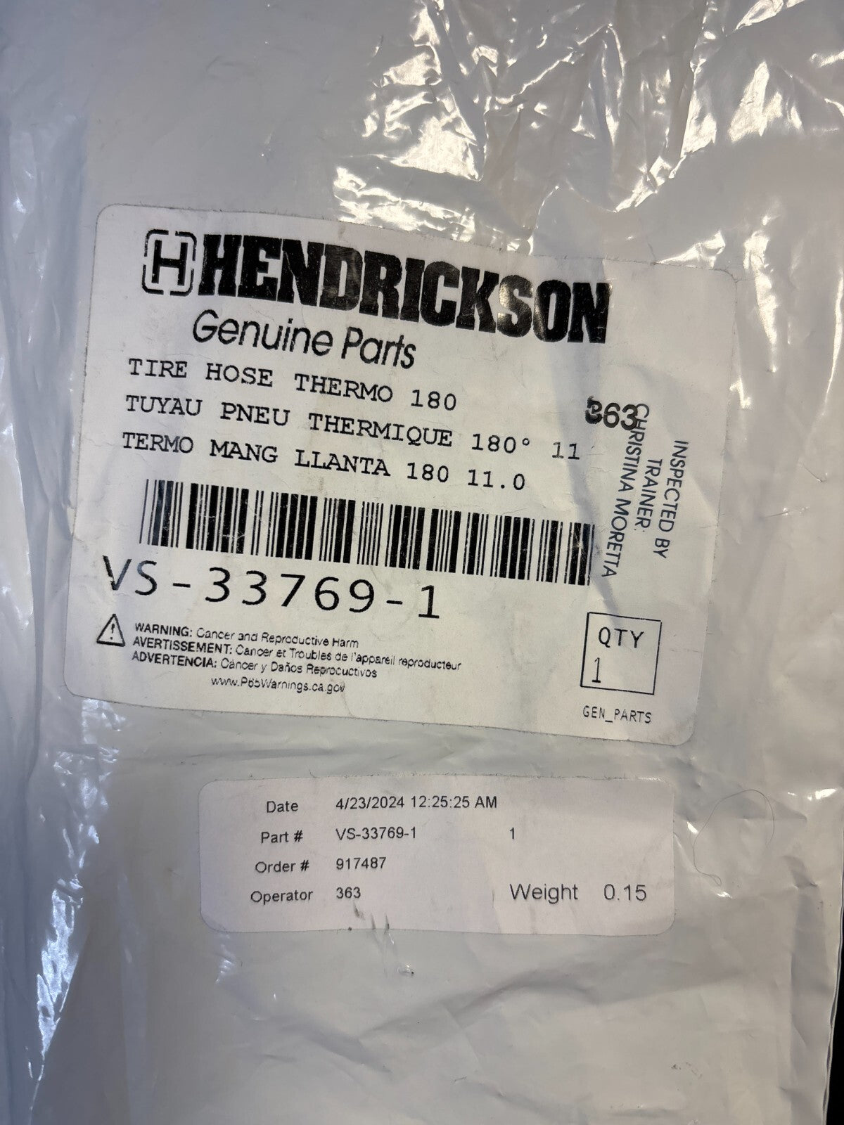 Hendrickson OEM Tire Hose Thermo1 180 degree 11 - item # VS-33769-1