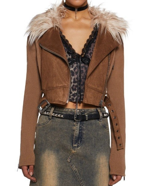 Dolls Kill Faux Fur Rib & Suede Moto Jacket - Large - NWT