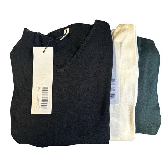 3 KOTN Women's Fitted V-neck Long Sleeve Tops - MEDIUM - Black, Green, Ivory