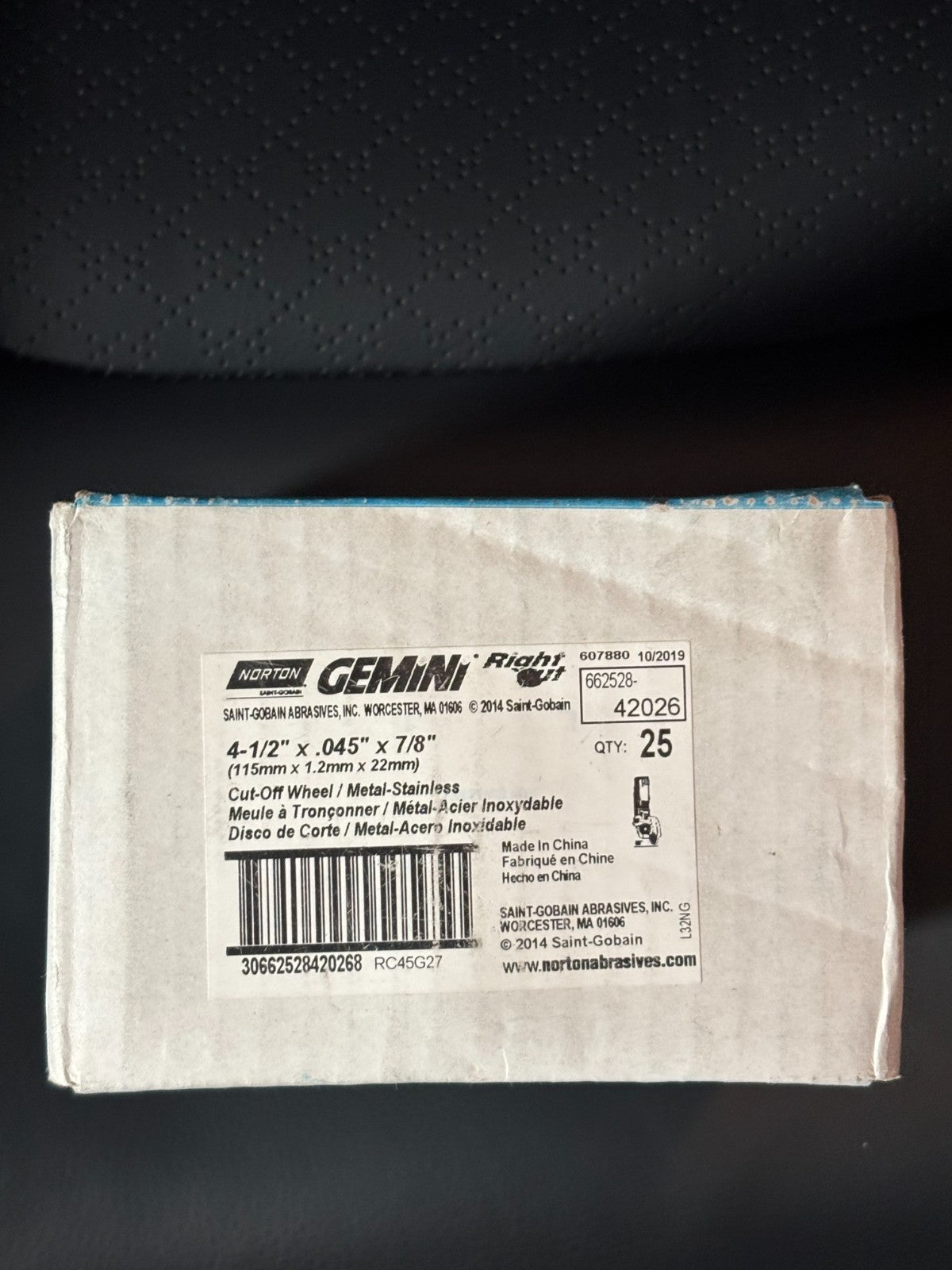 (QTY 25) Norton Gemini 42026: 4-1/2"x0.045"x7/8" Cut-Off Wheel Metal-Stainless