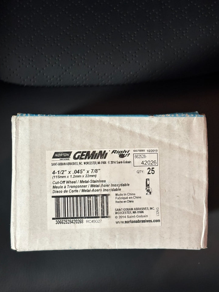 (QTY 25) Norton Gemini 42026: 4-1/2"x0.045"x7/8" Cut-Off Wheel Metal-Stainless