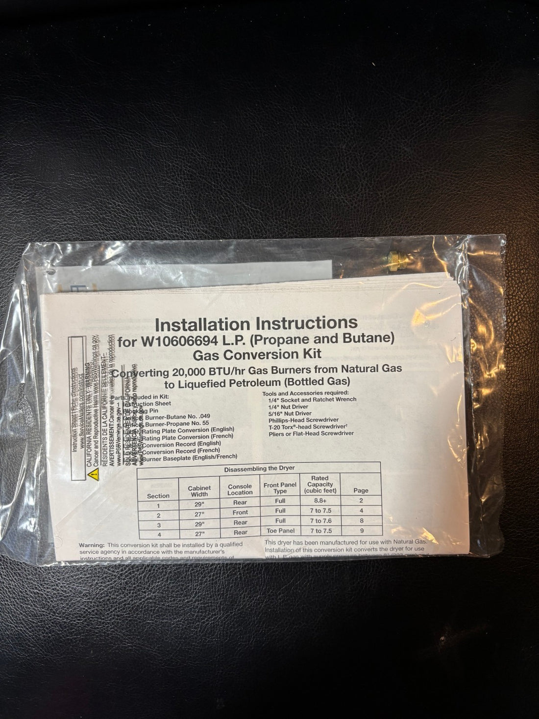 NEW SEALED - GENUINE OEM Whirlpool Dryer LP Propane Conversion Kit W10606694A