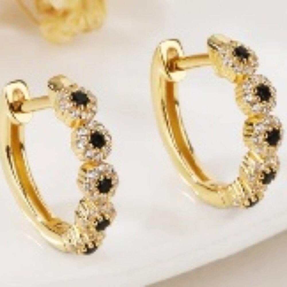 2 Pair of Saltaire Gold Plated CZ and Black Gem Stone Earrings (13mm x 3mm)