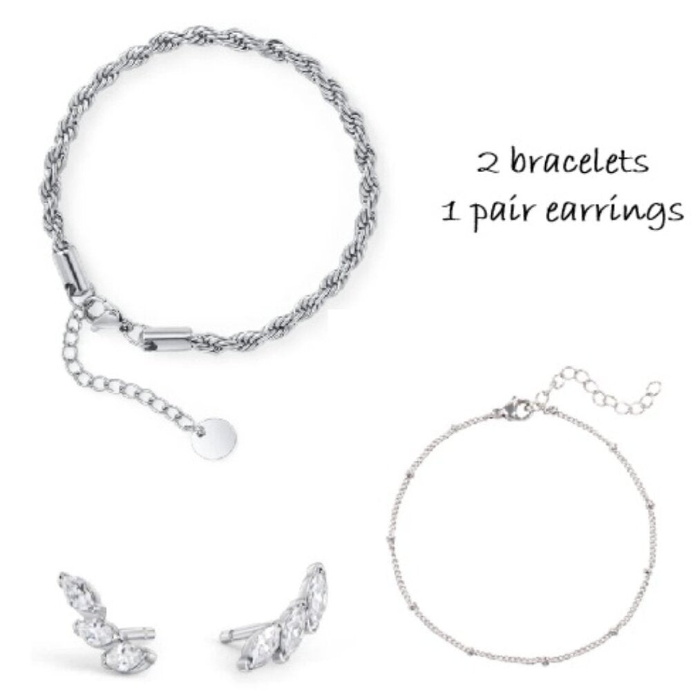 MIA - 2 BRACELETS AND 1 PAIR EARRINGS - ALL STAINLESS STEEL - NWT