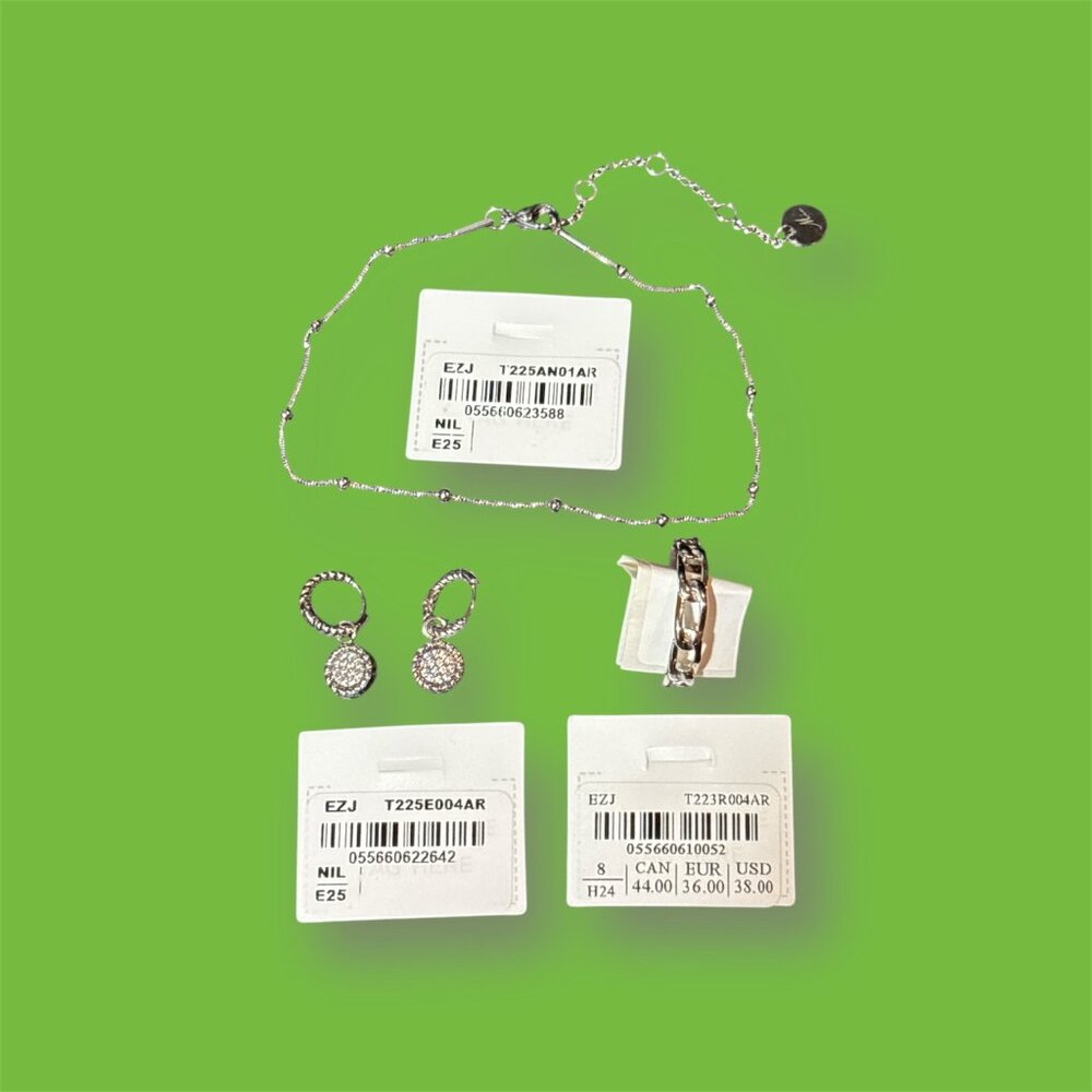 3 Piece Mia Jewelry, anklet, ring (8) and earrings - silver - NWT