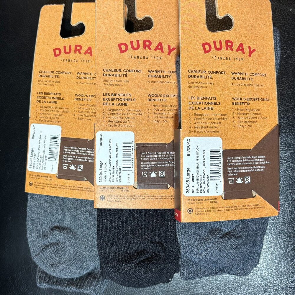 Unisex Duray Lambs Wool Socks - 3 pair - LARGE (M10-12.5) (W9-11.5) NWT
