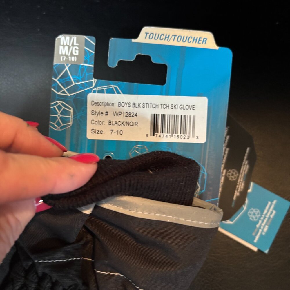 WinterProof Boys Black Stitch Refelctive Ski Glove - Touch - L (7-10) NWT