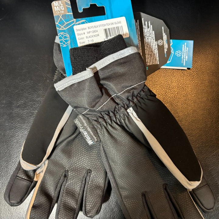 WinterProof Boys Black Stitch Refelctive Ski Glove - Touch - L (7-10) NWT