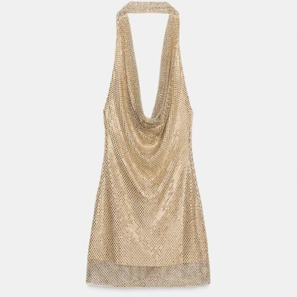 ZARA SHORT SPARKLY BACKLESS HALTER DRESS GOLDEN MEDIUM 4772/272/303 - NEW
